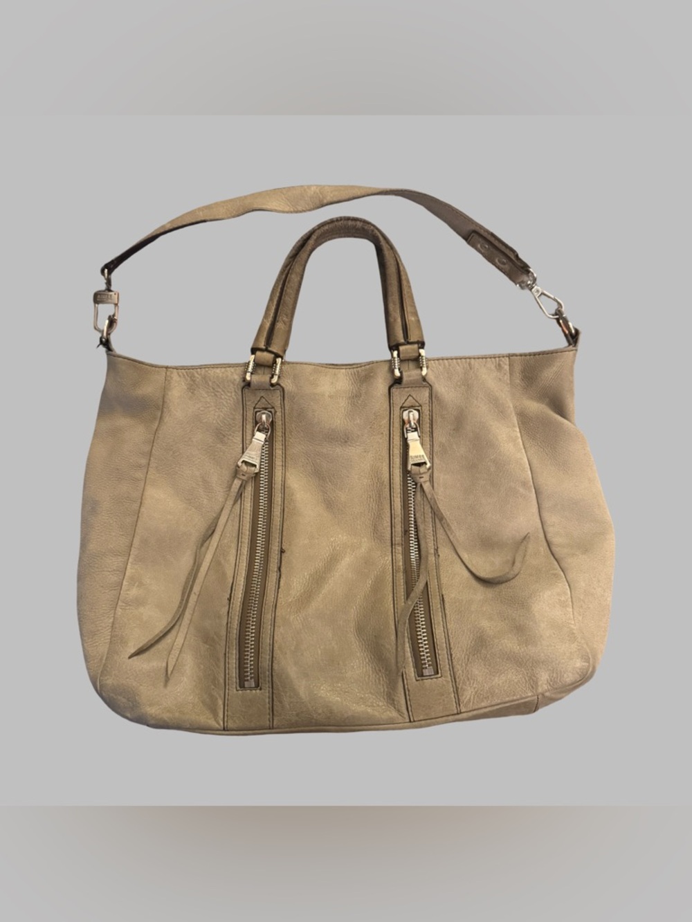 AIMEE KESTENBERG Taupe Leather Tote Bag with Zip Accents Hobo Bag